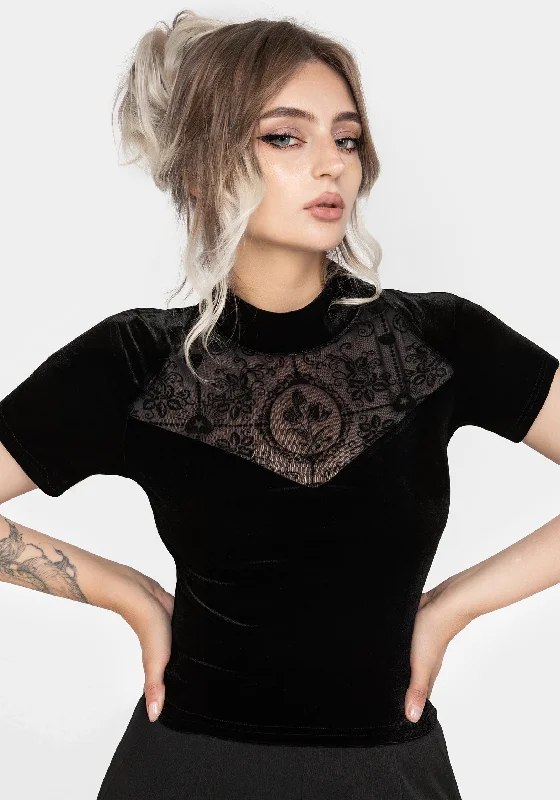 Cameo Floral Flocked Mesh Velour High Neck Top Polished Women's Silk