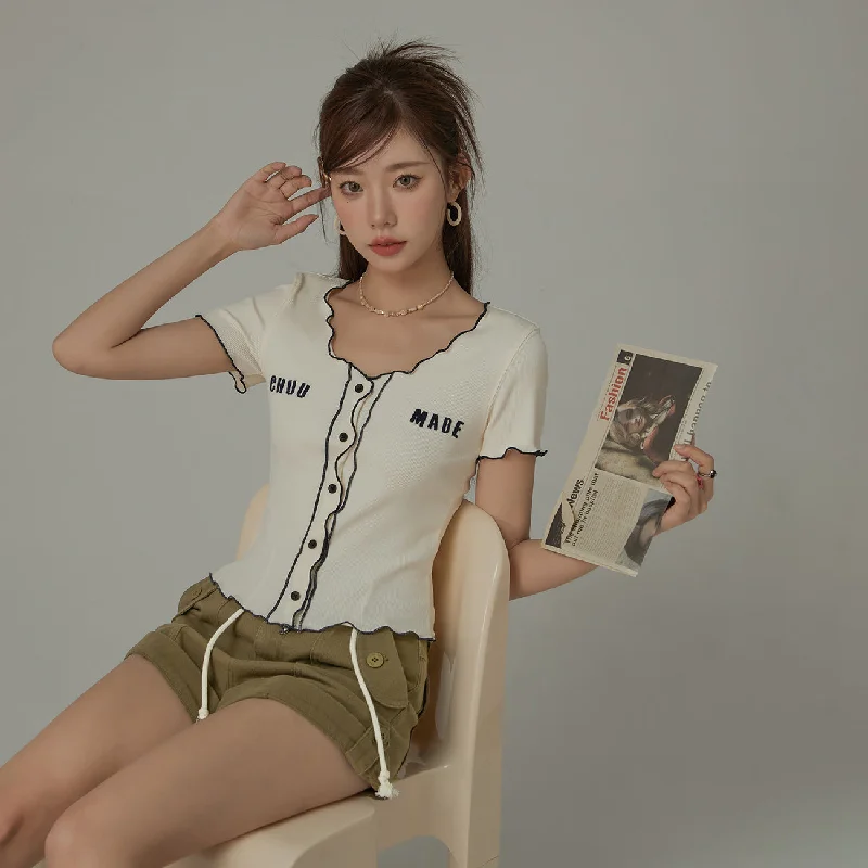 Color Ruffle Lining Button Slim Top Hip Women's Retro