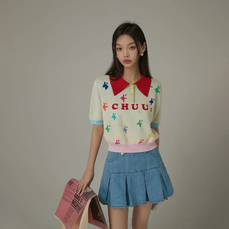 Polo Neck Color Blocked Multi-Color Pixel Block Pattern Knit Top Hip Women's Urban