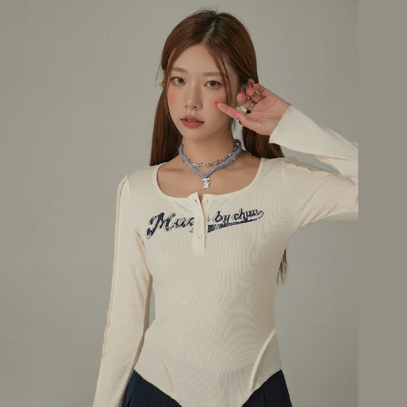 Unbalanced Logo Button Long Sleeve Slim T-Shirt Sporty Women's Tennis