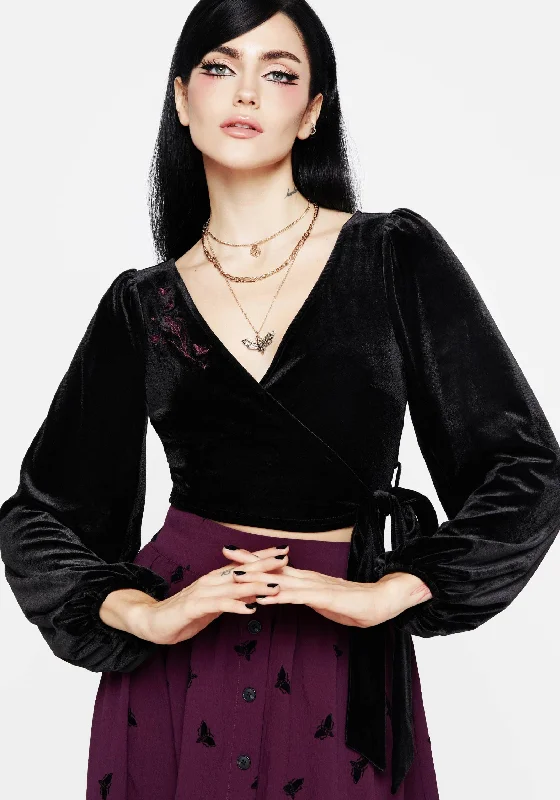 Styx Moth Embroidered Velour Wrap Top Earthy Women's 