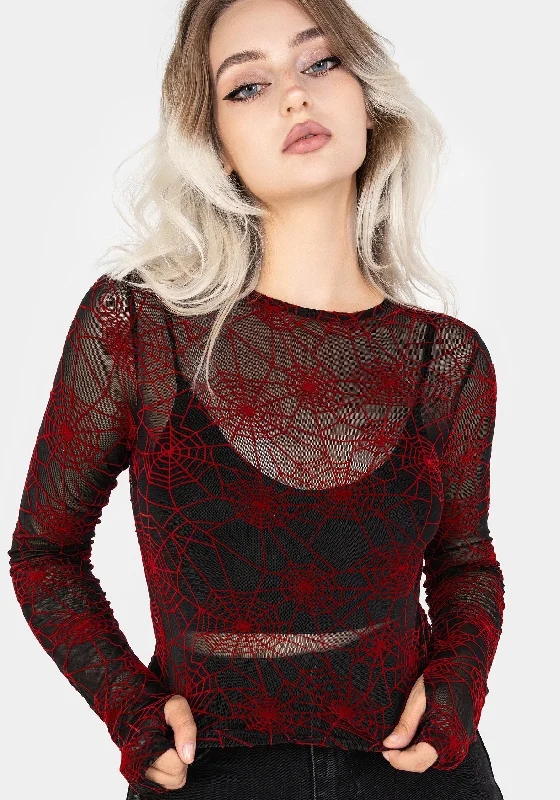 Venom Flocked Mesh Top - Red Trendy Women's 