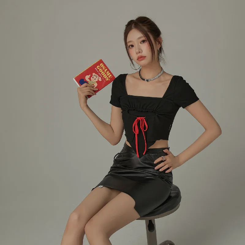 Unbalanced Square Neck Center Ribbon Short Sleeve Top Sophisticated Women's 