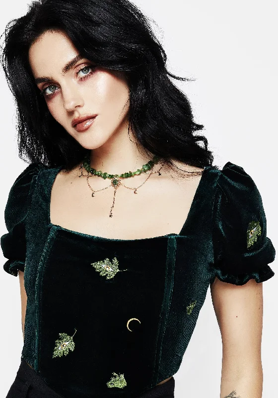 Swamplife Frog Embroidered Velour Puff Sleeve Corset Top Sustainable Organic
