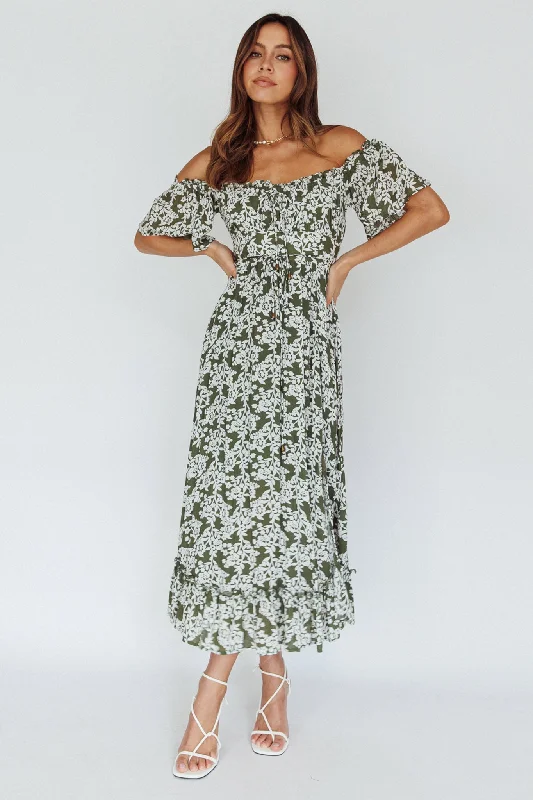 Voyager Off-Shoulder Bell Sleeve Midi Dress Floral Green Sleek Women's Metallic