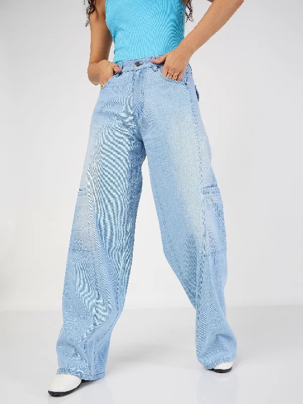 Women Ice Blue Wide Leg Jeans Preppy Women's College