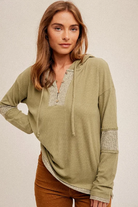 Olive Fabric Mixed Soft Ribbed V Neck Loose Fit Hoodie Practical Women's Quick - dry Olive Fabric Mixed Soft Ribbed V Neck Loose Fit Hoodie Practical Women's Quick - dry