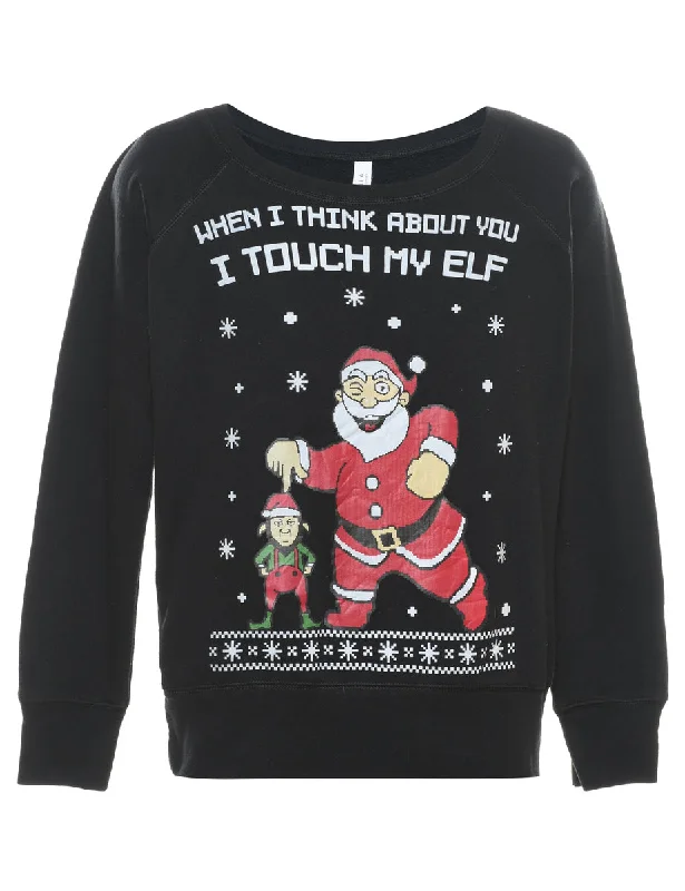 Santa Claus Design Black Christmas Sweatshirt - M Cozy Women's Sherpa - lined