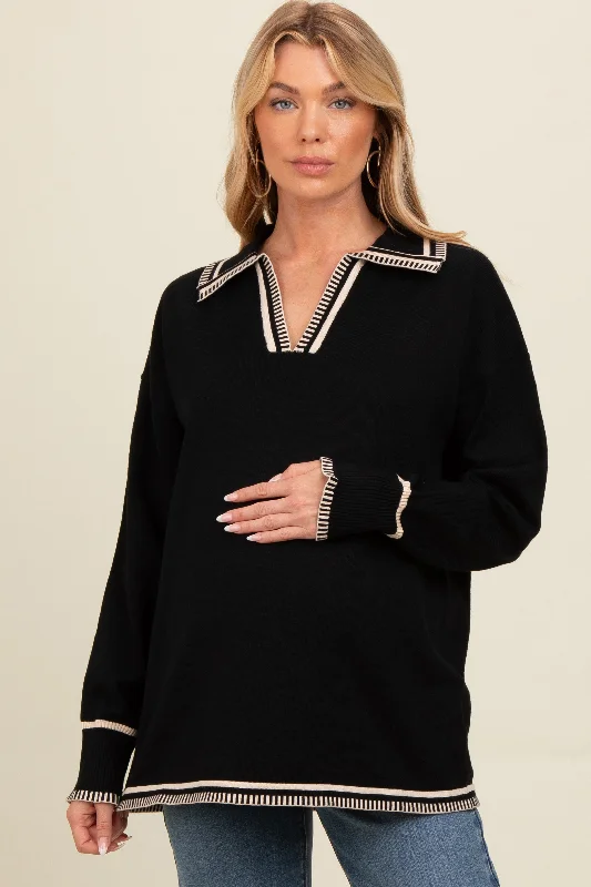 Black Contrast Trim Collared Maternity Sweater Refined Women's Hand - crafted