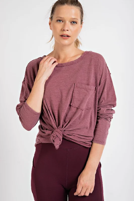 Burgundy Mineral Wash Front Pocket Long Sleeve Top Rugged Women's Outdoor 