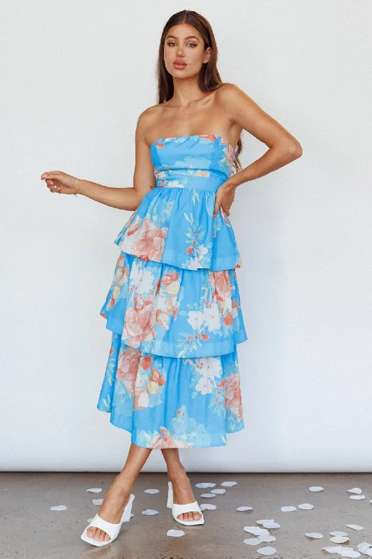Outshine Strapless Tiered Midi Dress Floral Blue Artistic Women's Hand - painted