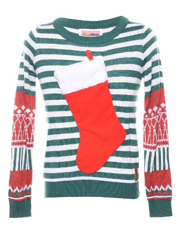 Festive Season Striped Christmas Jumper - M Artistic Women's Hand - painted