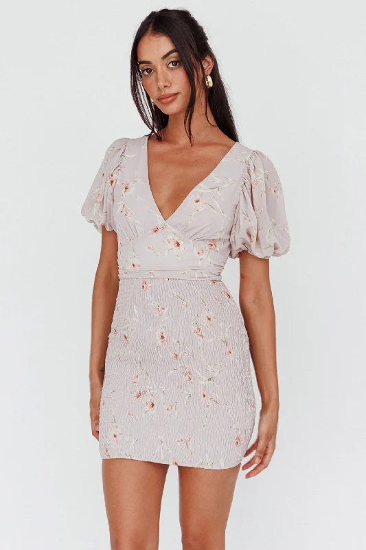 La Nena Shirred Mini Dress Floral Blush Unique Women's Upcycled