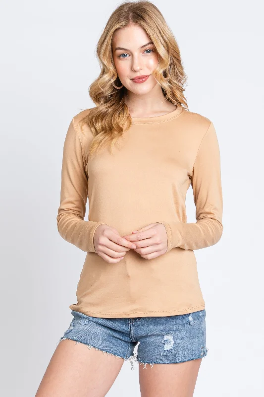 Camel Knit Long Sleeve Round Hem Top Feminine Women's Style 