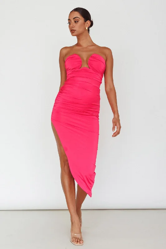 Roma U-Neckline Ruched Midi Dress Hot Pink Dapper Women's Bow - adorned