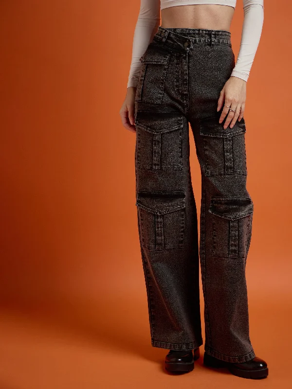 Women Black Washed Cargo Straight Jeans Dapper Women's Bow - adorned