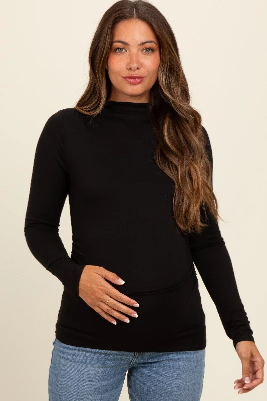 Black Mock Neck Long Sleeve Maternity Top Classic Women's Pin - striped