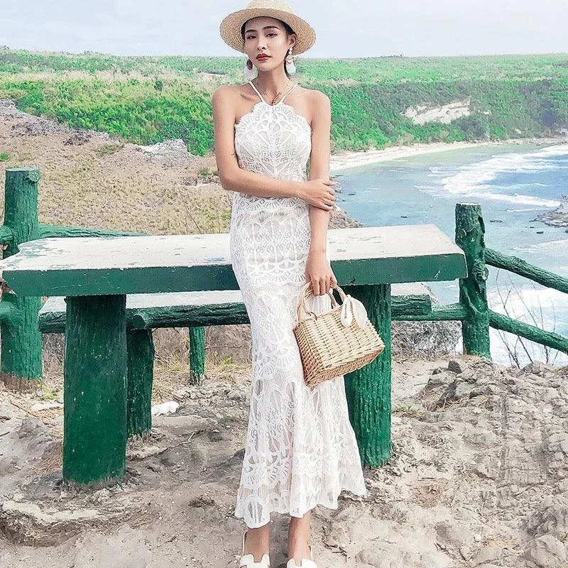 Halterneck Lace Maxi Dress in White Dynamic Women's High - energy