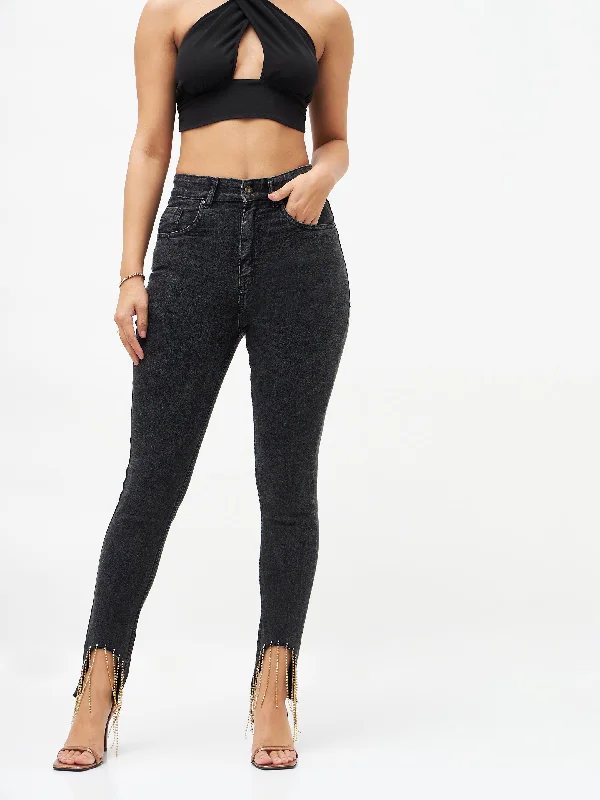 Women Black Denim Diamante Hem Relax Jeans Artistic Women's Avant - 