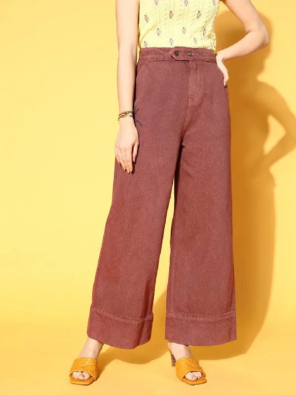 Women Burgundy Wide Leg Jeans Geometric