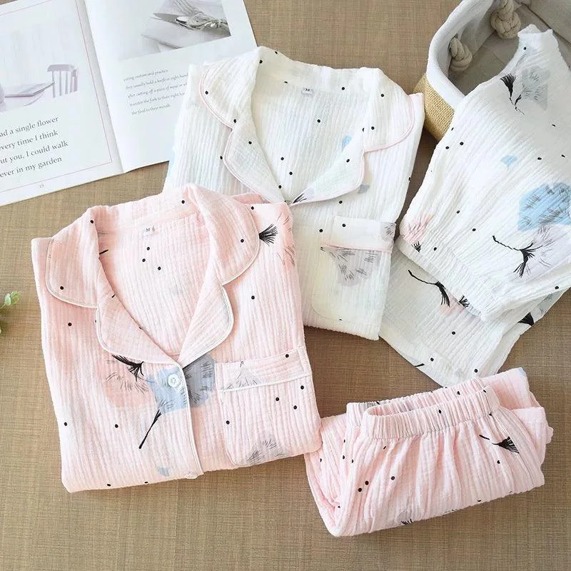 Feather Cotton Crepe Nightsuits Preppy Women's College