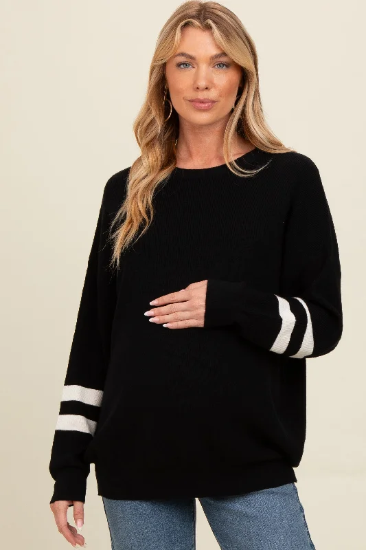 Black Striped Sleeve Relaxed Fit Maternity Sweater Youthful Women's Anime - inspired Black Striped Sleeve Relaxed Fit Maternity Sweater Youthful Women's Anime - inspired
