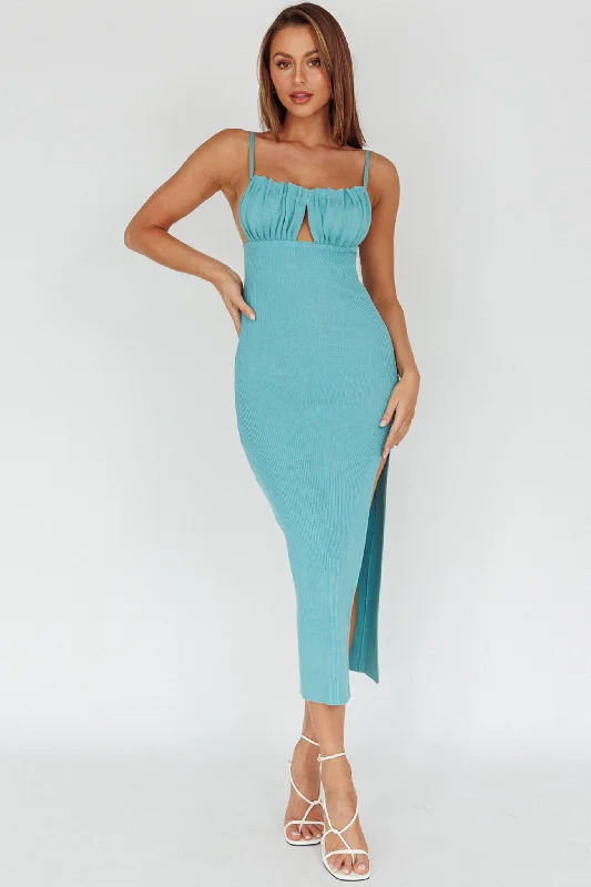 Jelina Gathered Bust Knit Midi Dress Teal Refined Women's Hand - crafted