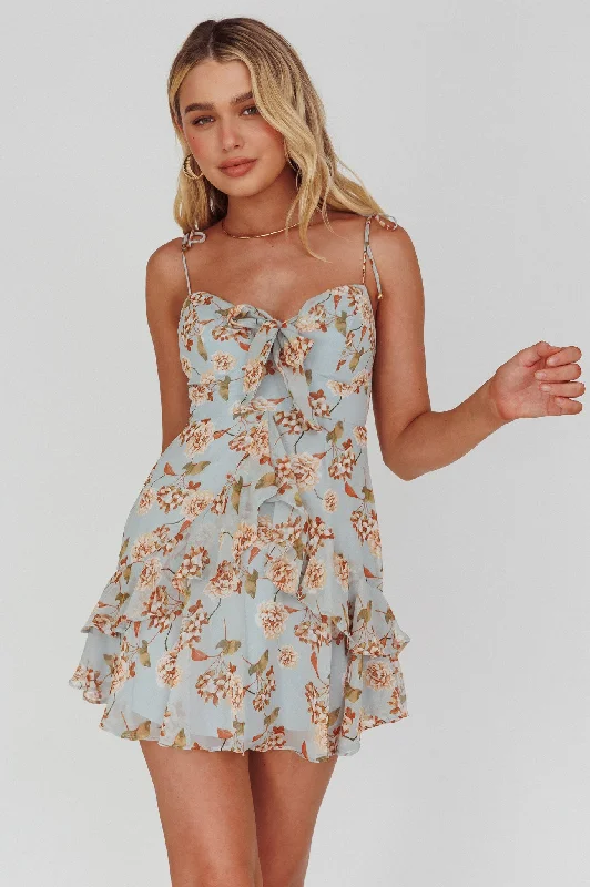 Flower Child Bust Tie Ruffle Trim Dress Roses Blue Relaxed Women's 