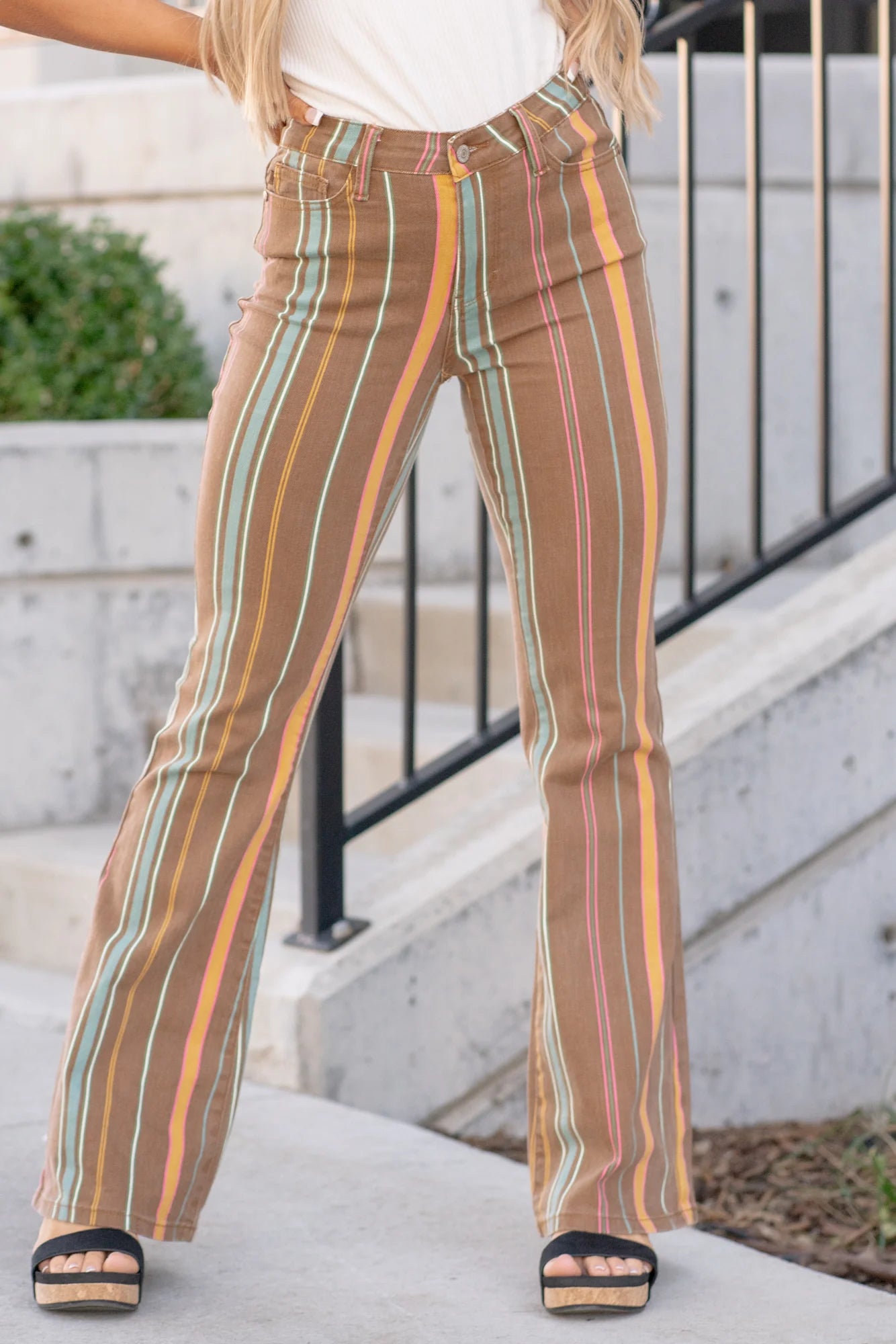 Judy Blue Mid Rise Striped Flare Jeans Feminine Women's Style 