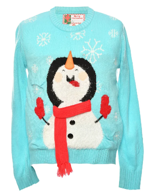 Snowman Light Blue Christmas Jumper - S Cozy Women's Winter