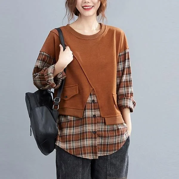Style Vintage Plaid Patchwork Loose Ladies Pullovers Hoodies Trendy Women's Oversized