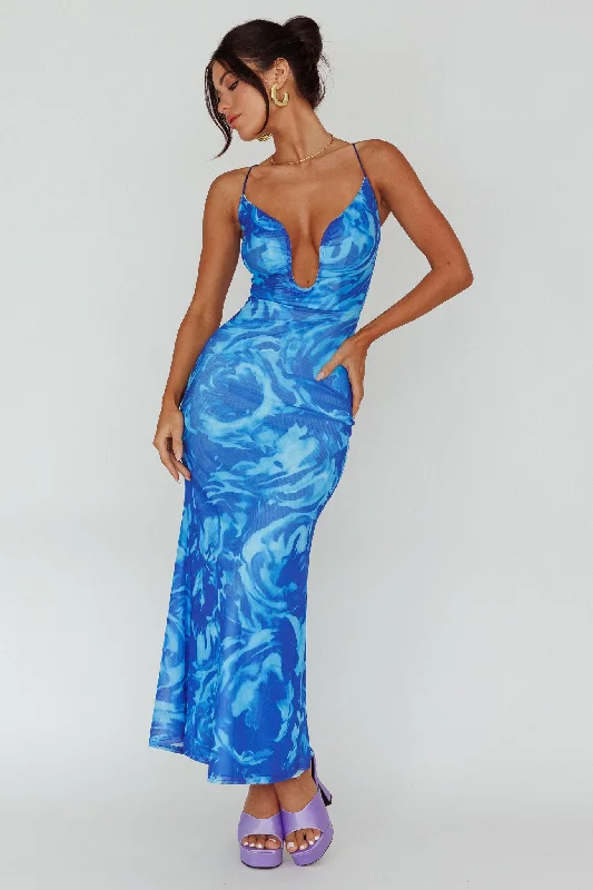 Nouveau U-Neckline Midi Dress Marbled Blue Tough Women's Military - inspired
