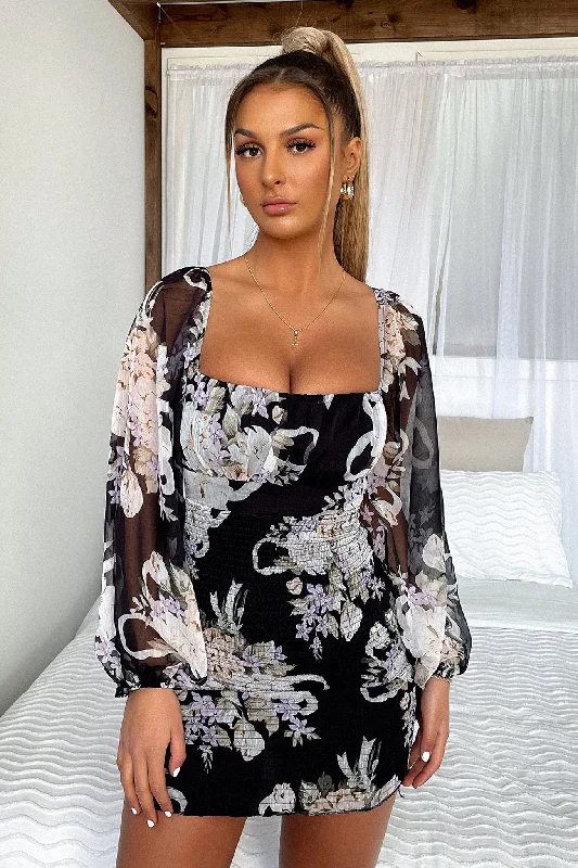 Soni Dress - Black Floral Geometric