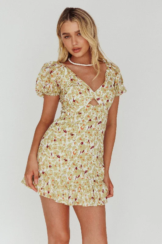 Connie Puff Sleeve Mini Dress Floral Olive Scandinavian