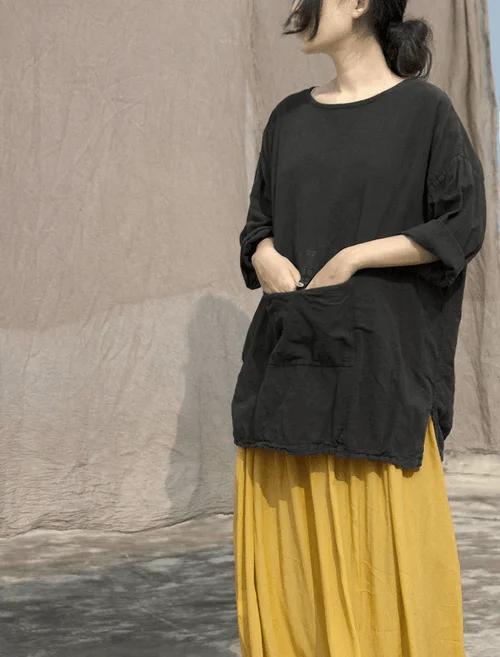 Women Cotton Linen Spring Autumn Solid Color T-shirt Tees Shirt Tops Rugged Women's Outdoor 