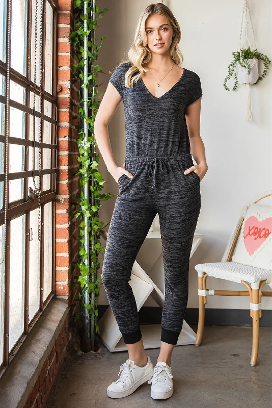 Heathered Drawstring Waist V-Neck Jumpsuit Cool Women's Distressed