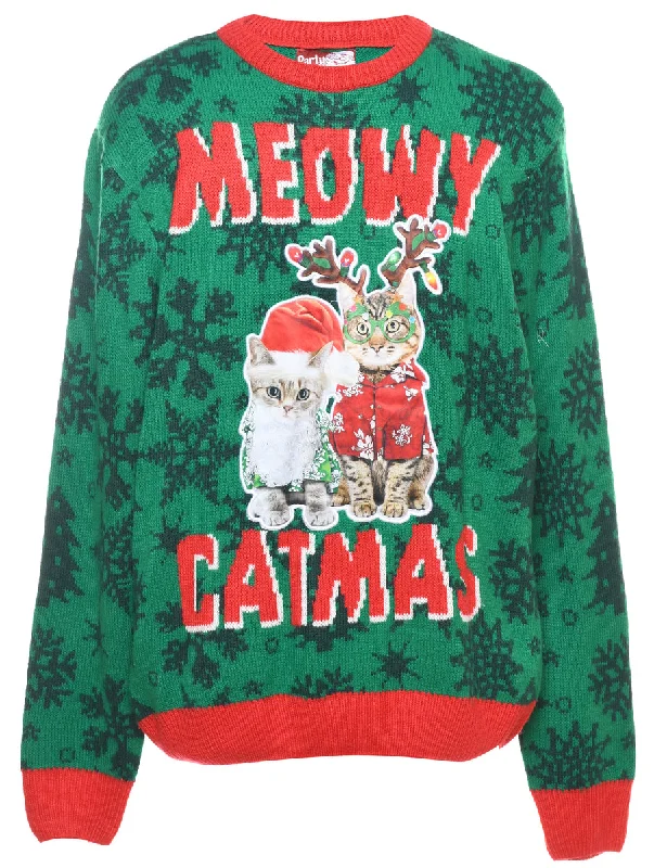 Cat Printed Christmas Jumper - L Youthful Women's Anime - inspired