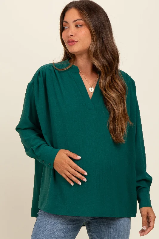 Forest Green V-Neck Maternity Oversized Blouse Cozy Women's Sherpa - lined
