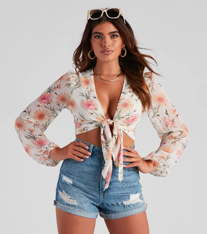 Tie And Wait Floral Chiffon Top Earthy Women's 