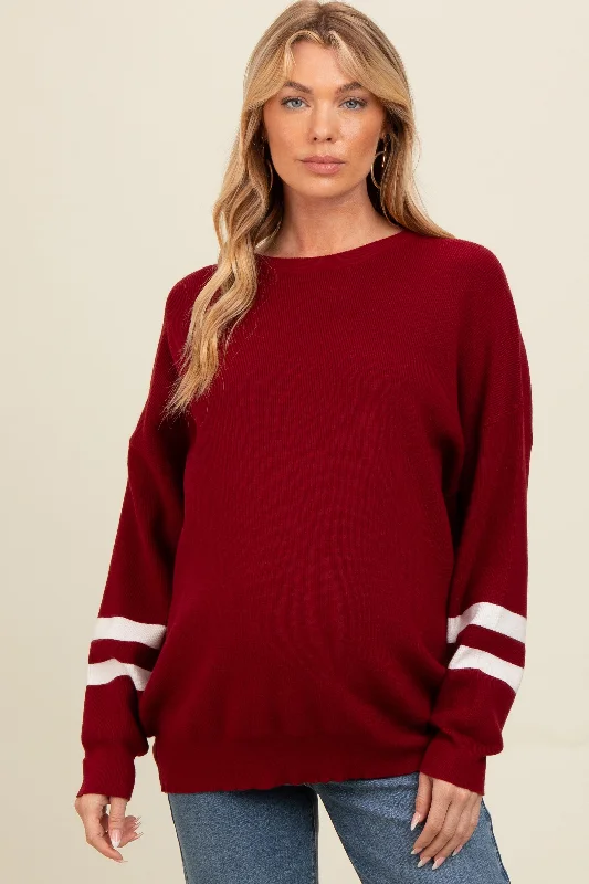 Burgundy Striped Sleeve Relaxed Fit Maternity Sweater Disco