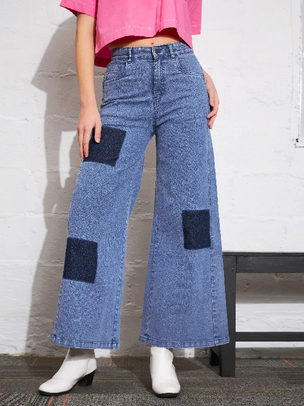 Women Light Blue Contrast Patch Wide Leg Jeans Laid - back Women's Vibe