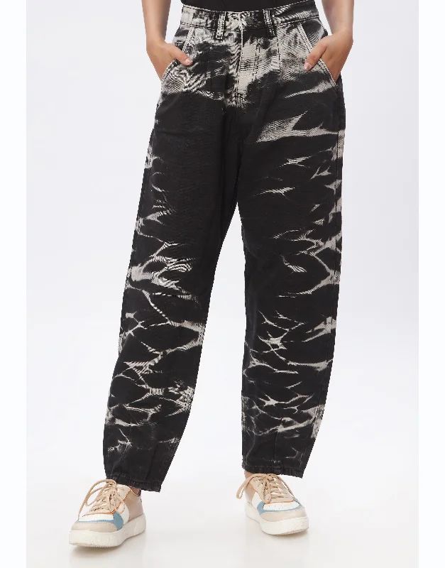 High Rise Tie Died Mom Jeans in Black & Grey Relaxed Women's Beachy