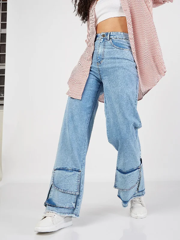 Women Ice Bue Hem Pockets Straight Jeans British Gentlewoman Style