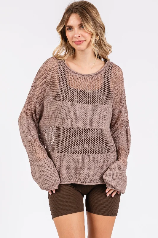 Mocha Crochet Knit Long Sleeve Cover-Up Cozy Women's Winter