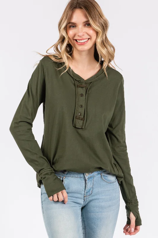 Olive Long Sleeve Exposed Seam Top Business