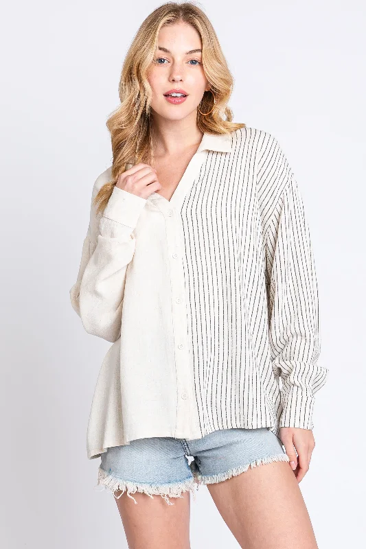Beige Half Stripe Button Down Top Casual Women's Loose - fitting