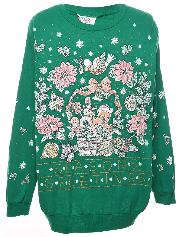 Festive Season Green Printed Christmas Sweatshirt - L Classic Women's Pin - striped
