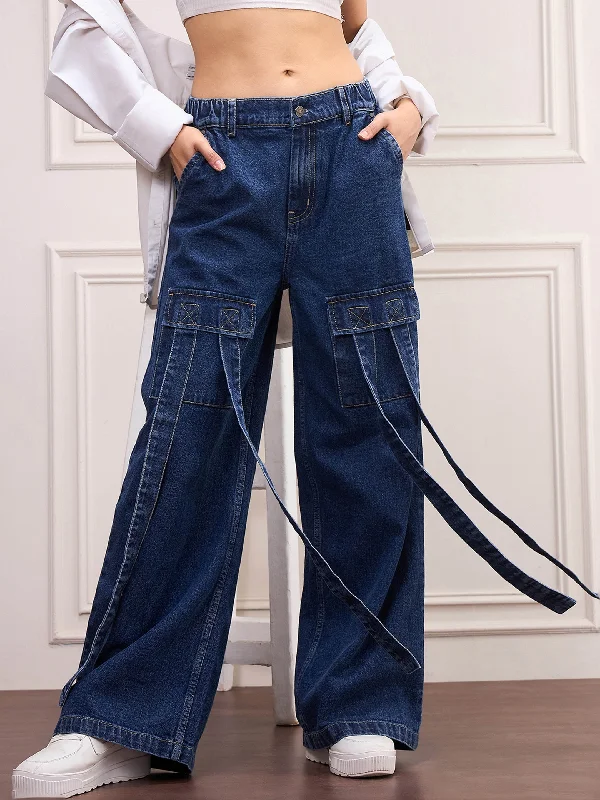 Women Navy Blue Front Pocket Jeans Cool Women's Distressed
