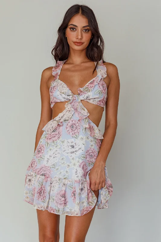 Violette Ruffle Strap Cut-Out Mini Dress Floral Blue Bohemian Women's Free