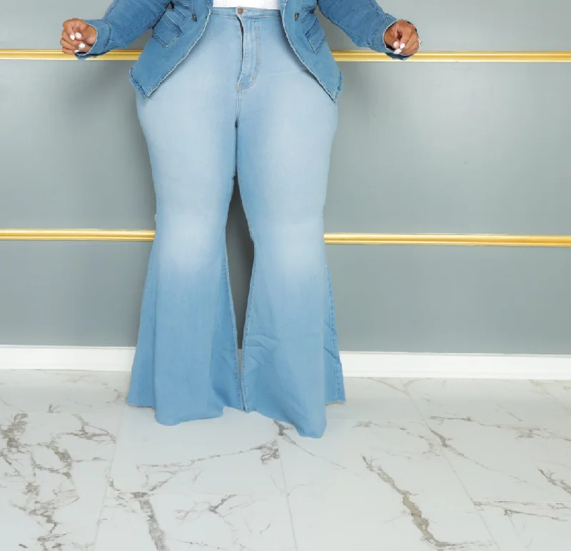 Light Blue Plain Bell Bottom Jeans Edgy Women's Punk